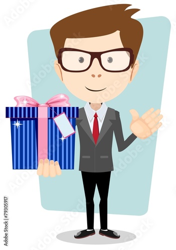 Young man holding a gift, vector illustration