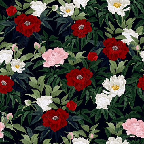 Seamless floral pattern with red, pink and white roses on black