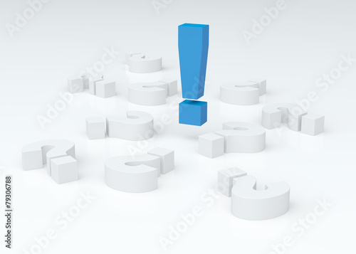 Big blue exclamation mark over lying white question marks (3D re