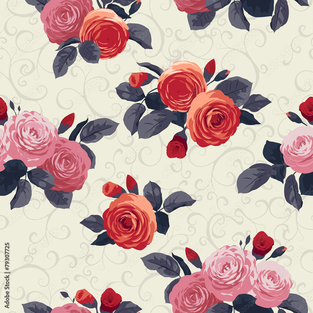 Seamless floral pattern with roses and ornament on light backgro Seamless floral pattern with roses and ornament on light backgro