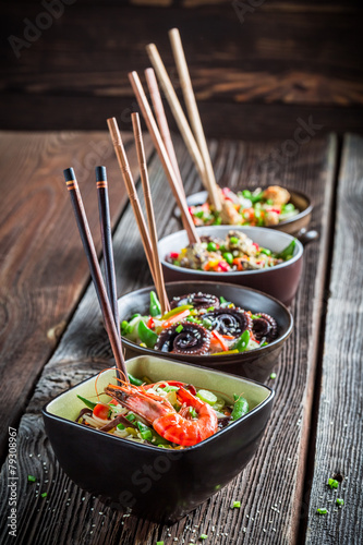 Few traditional asian noodles with vegetables