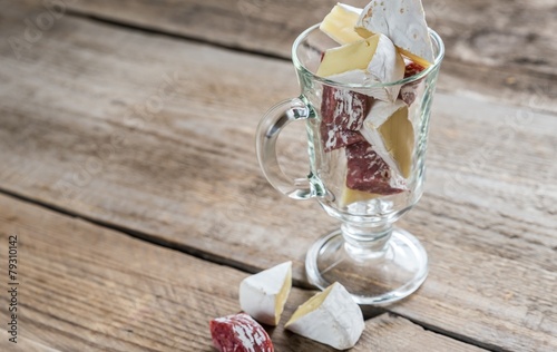 Slices of Camembert and salami in the glass