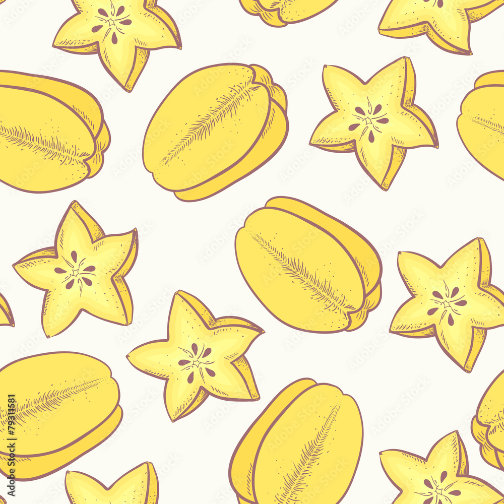 Tropical fruit seamless pattern with carambola