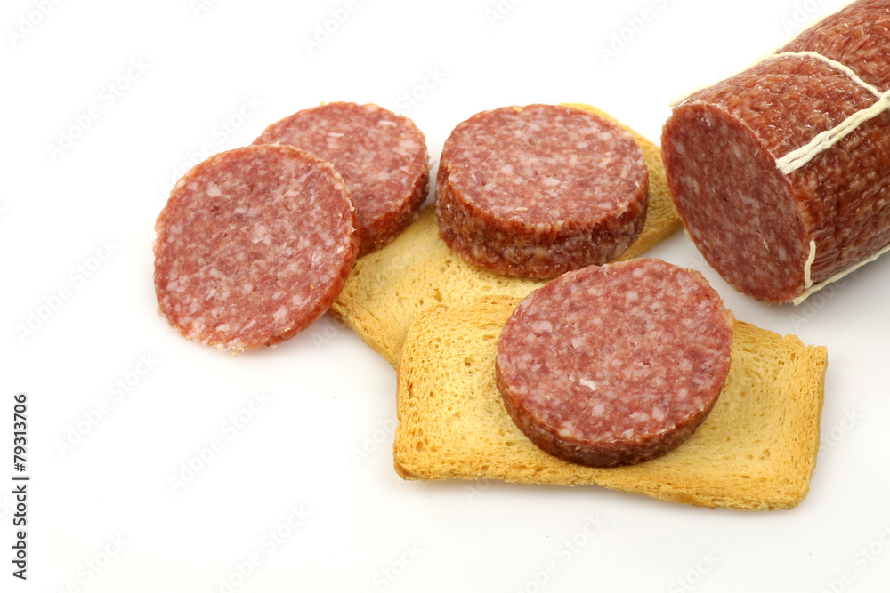 sausage slices and toast on a white background sausage slices and toast on a white background
