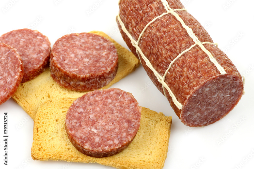 sausage slices and toast on a white background sausage slices and toast on a white background