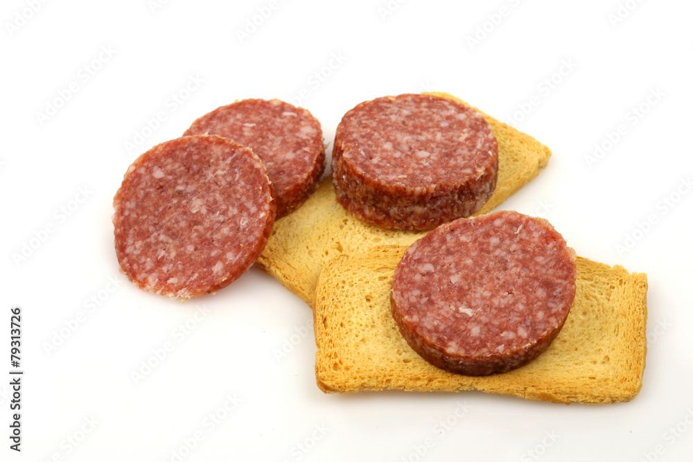 sausage slices and toast on a white background sausage slices and toast on a white background