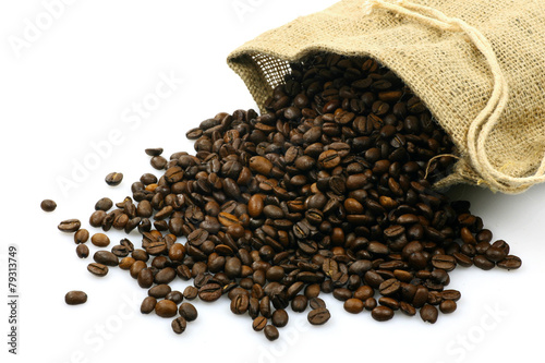 burlap sack with coffee beans on a white background