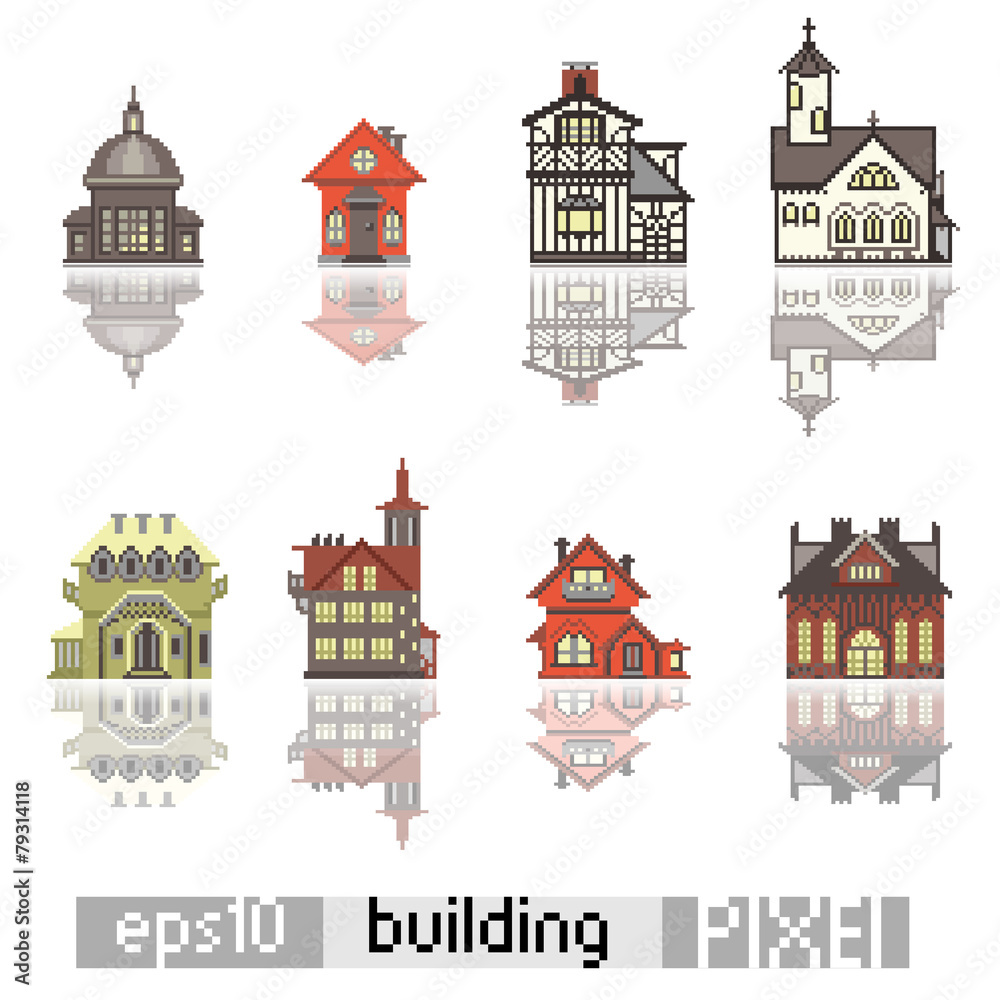 Set of Pixel art isometric building