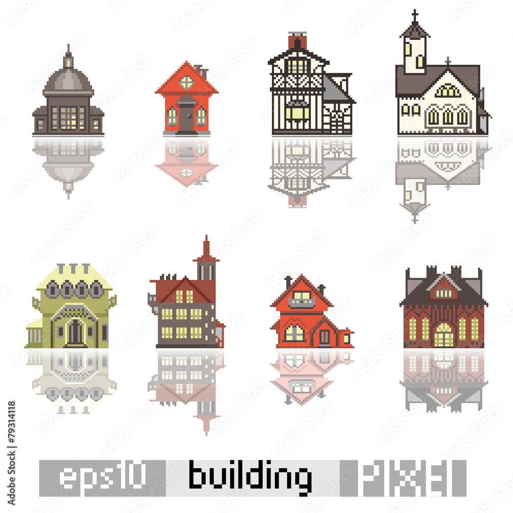 Set of Pixel art isometric building Set of Pixel art isometric building