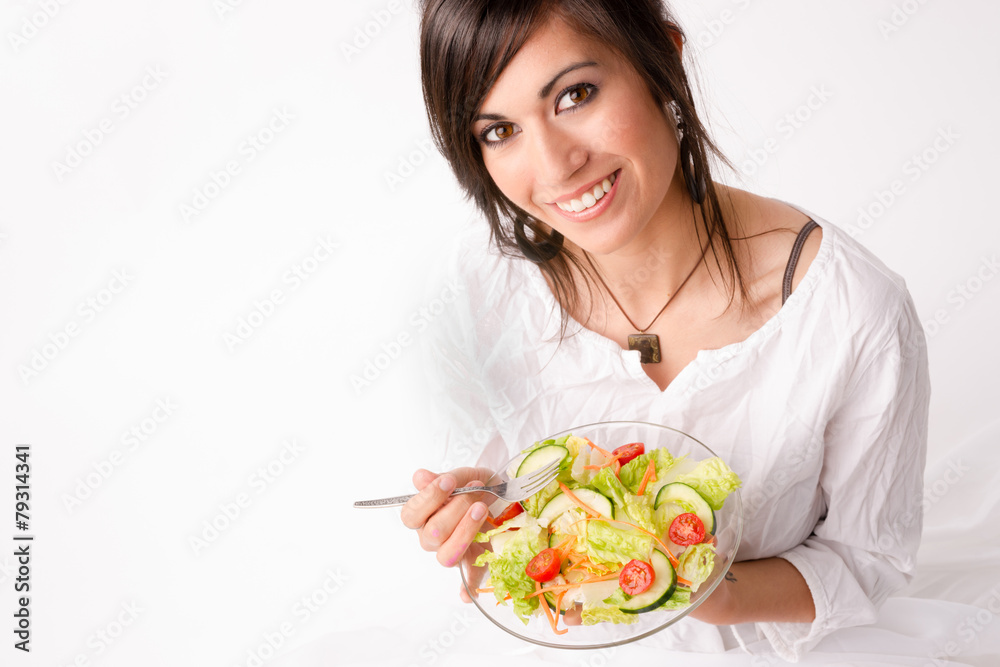 Healthy Eating Woman Enjoys Raw Food Fresh Green Salad Healthy Eating Woman Enjoys Raw Food Fresh Green Salad