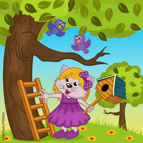 cat girl bears a birdhouse - vector illustration, eps