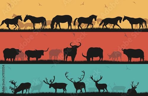 Set of illustrations with horses  bulls and deer.