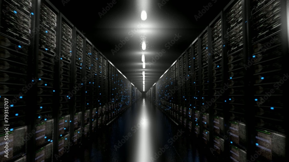 Data center servers endless corridor dark loop centre