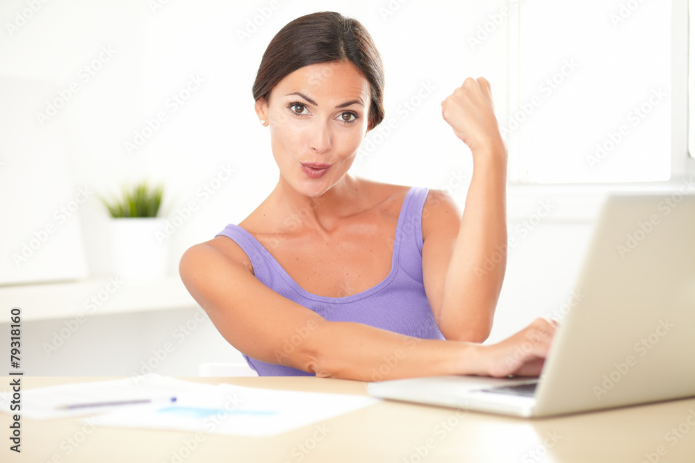 Brunette satisfied lady working on her computer Brunette satisfied lady working on her computer