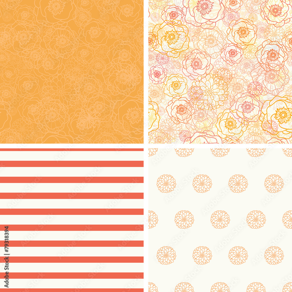Vector Warm Flowers Set of Four Matching Repeat Patterns