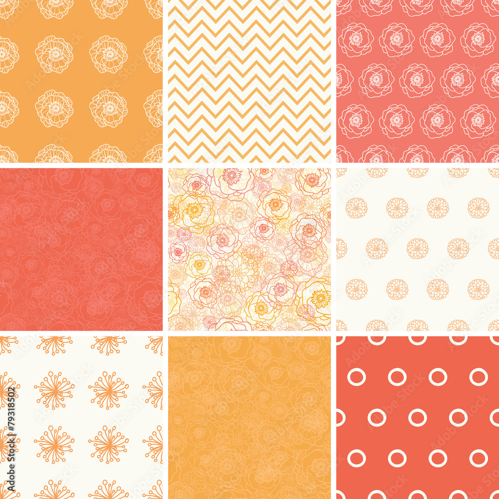 Vector Warm Flowers Set of Nine Matching Repeating Patterns