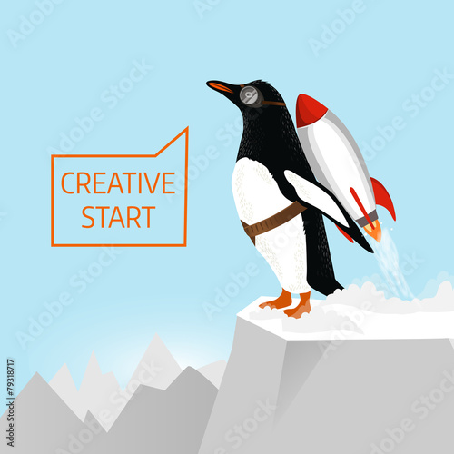 Creative start, the penguin flies up on the rocket