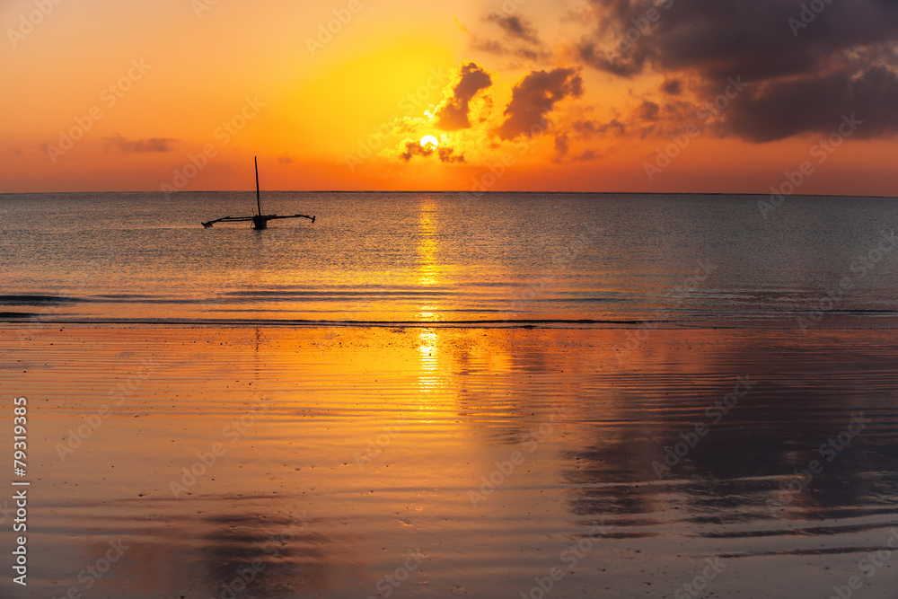 Morning, landscape, boat, ocean, calm, clouds, sun Morning, landscape, boat, ocean, calm, clouds, sun
