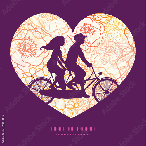 Vector warm flowers couple on tandem bicycle heart silhouette