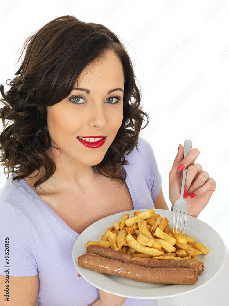 Young Woman Eating Jumbo Sausages and Chips Young Woman Eating Jumbo Sausages and Chips