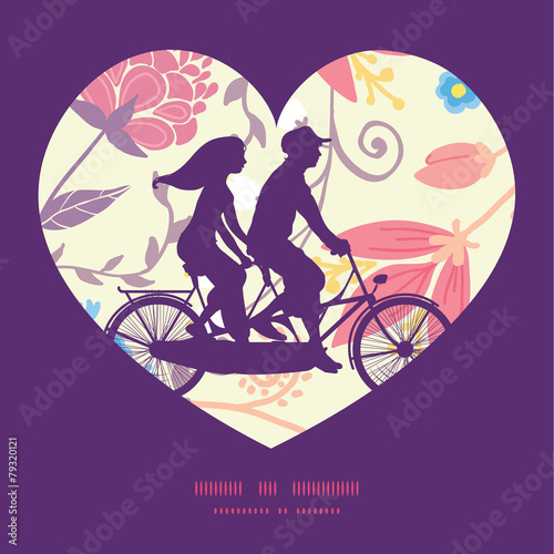 Vector fresh field flowers and leaves couple on tandem bicycle