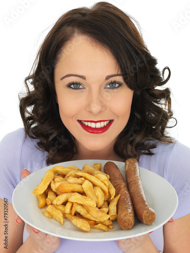 Young Woman Eating Jumbo Sausages and Chips