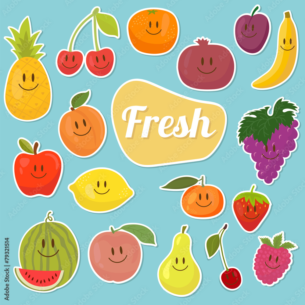 Set of fruits stickers. Cartoon fruits. Fresh and juicy Set of fruits stickers. Cartoon fruits. Fresh and juicy
