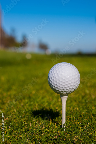Golf ball sits on a wooden tee