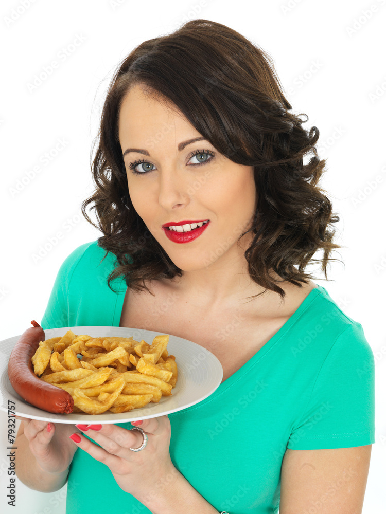 Young Woman Eating Saveloy Sausage and Chips Young Woman Eating Saveloy Sausage and Chips