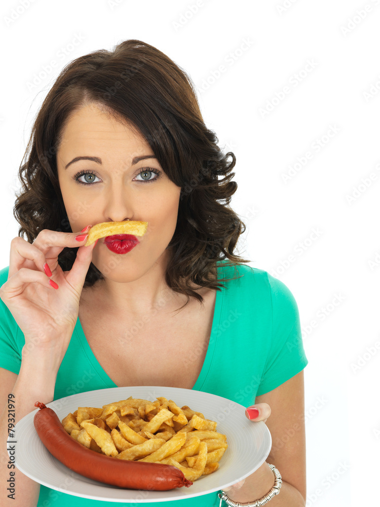 Young Woman Eating Saveloy Sausage and Chips Young Woman Eating Saveloy Sausage and Chips