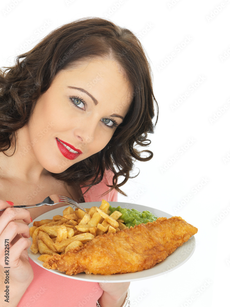 Young Woman Eating Fish and Chips with Mushy Peas Young Woman Eating Fish and Chips with Mushy Peas