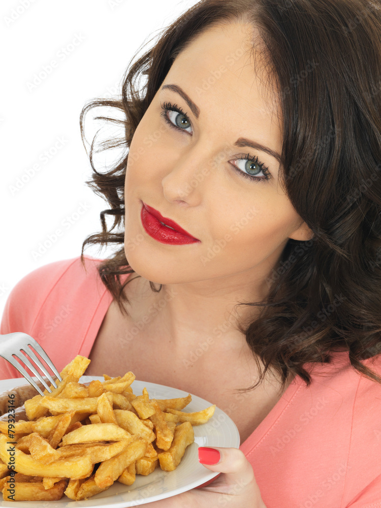Young Woman Eating Jumbo Sausage and Chips Young Woman Eating Jumbo Sausage and Chips
