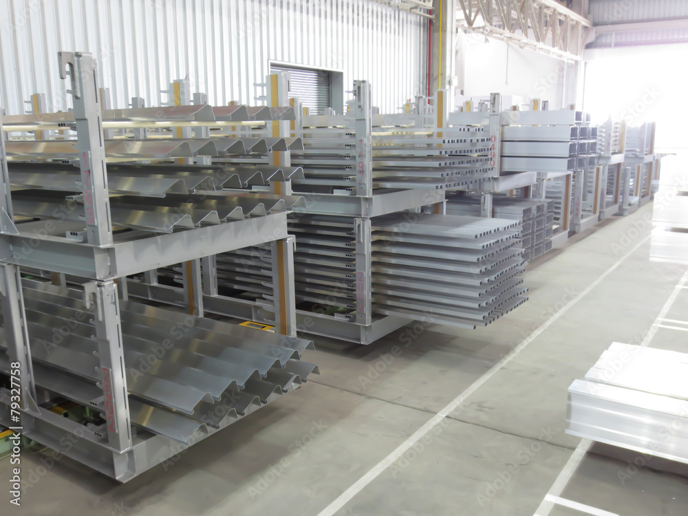 Aluminum lines stock rack in a factory.