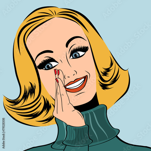 pop art cute retro woman in comics style laughing