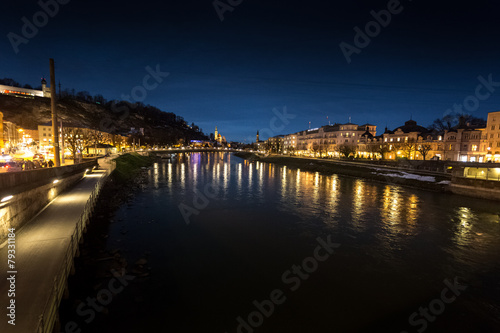 view from bridge on river Salzach at Salzburg at night