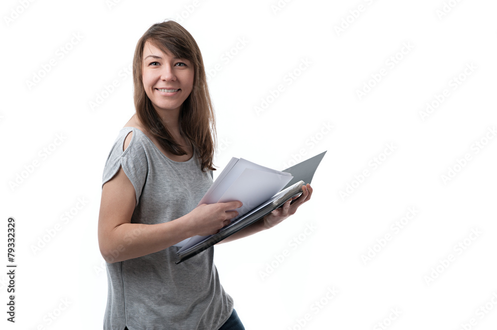 A woman is holding a folder with documents A woman is holding a folder with documents