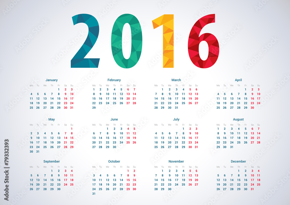 European 2016 year vector calendar. European 2016 year vector calendar.