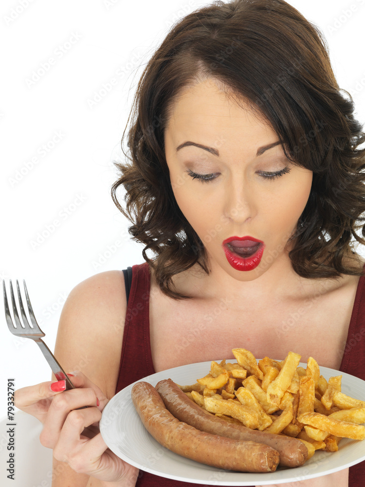 Young Woman Eating Jumbo Sausage and Chips Young Woman Eating Jumbo Sausage and Chips