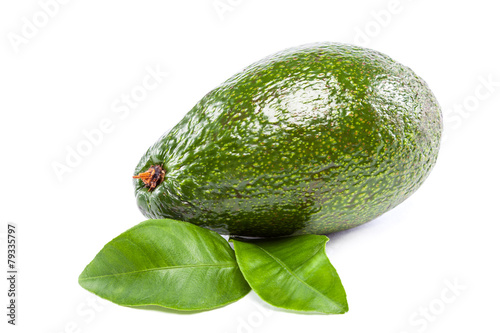 Fresh avocado fruit with leaveson white background. photo