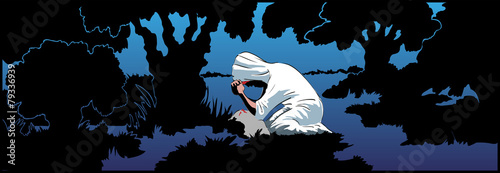 Christ praying on his kneels, while drops of blood rolling down.