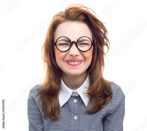 Funny geek or loony girl showing gritted teeth