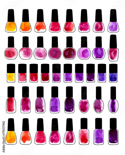 Set of watercolor painted nail polishes