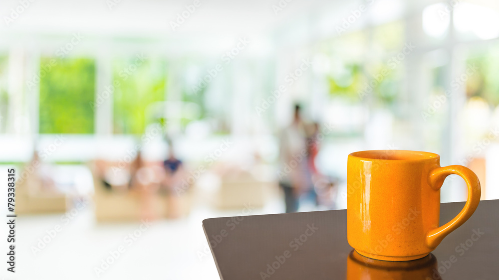 Empty wood table and Coffee shop blur background with bokeh imag Empty wood table and Coffee shop blur background with bokeh imag
