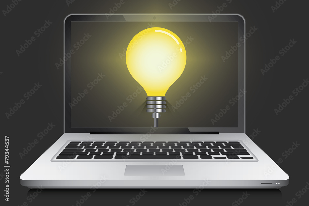 Laptop with idea light bulb in screen Laptop with idea light bulb in screen