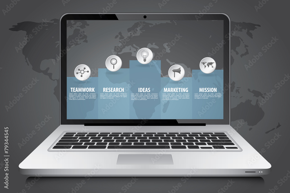 Laptop with business infographic over world map Laptop with business infographic over world map