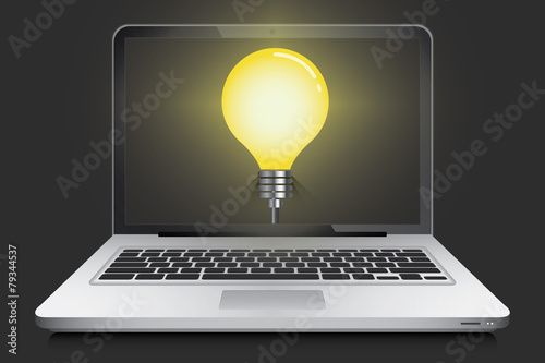 Laptop with idea light bulb in screen