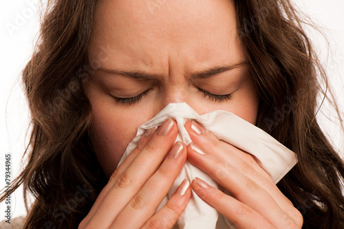 Asian caucasian woman with flu  and feaver photo