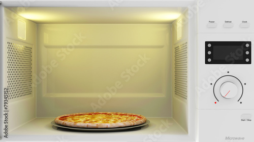 Close-up View of Open Microwave Oven with Pizza Inside