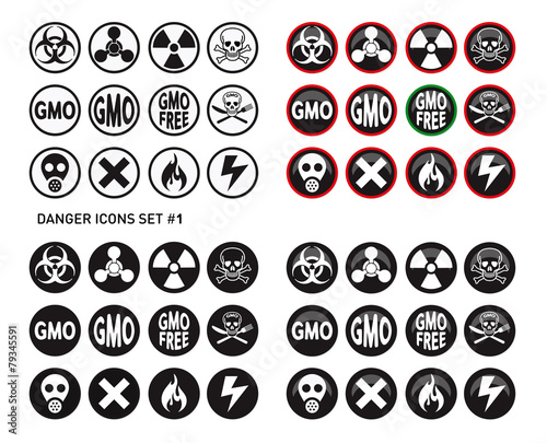 Set of icons for dangerous and hazardous product like radiations, poisons, toxic substances or fire and electricity
