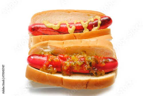 Hot Dogs with Relish and Mustard Over White